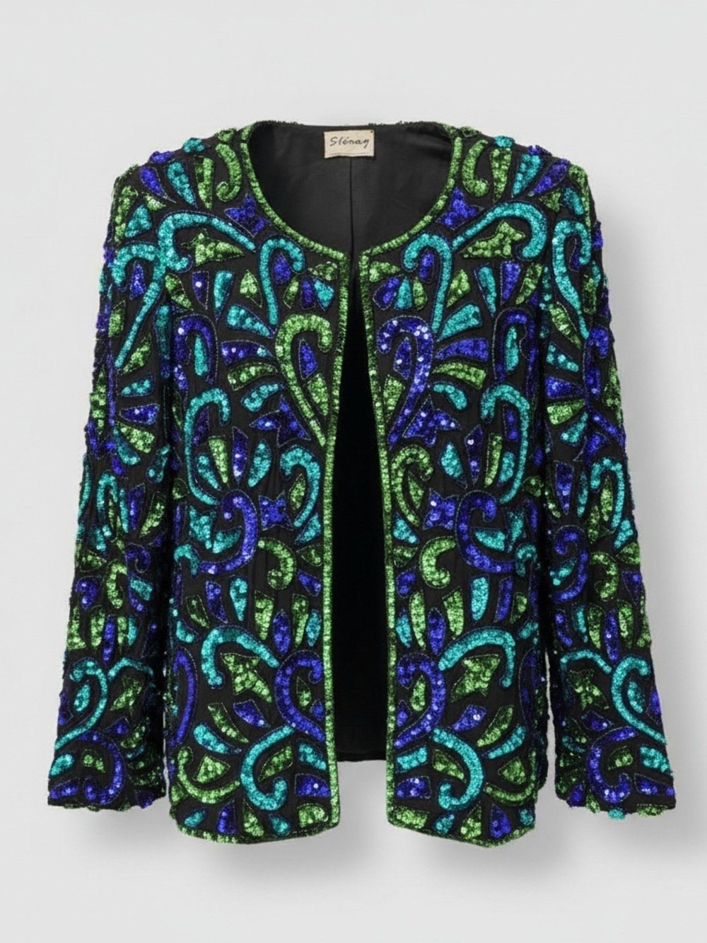 Stenay Black Jacket with Blue & Green Sequin Swirls Vintage 80s